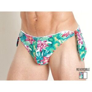 Timoteo Men's Tahiti 2.0 Reversible Side-Tei Swim Brief White/Floral - Large